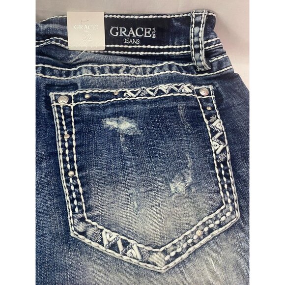 Nwt Grace in LA Women's Embellished Pocket Denim SZ 32 Easy Fit Distressed Short - Picture 11 of 15